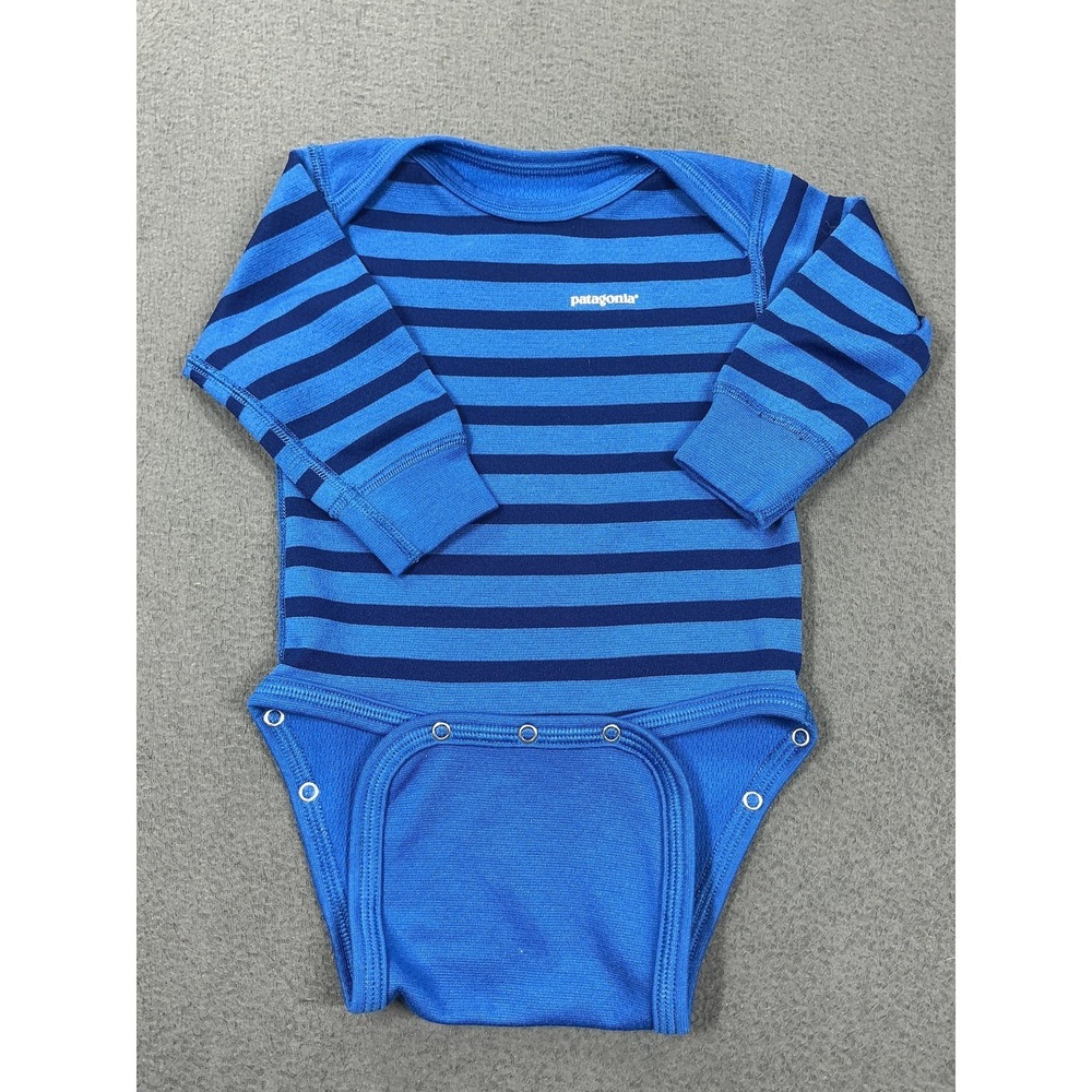 Patagonia Coverall One-Piece Boys 0-3 Months Blue Striped Capilene 3 Snap